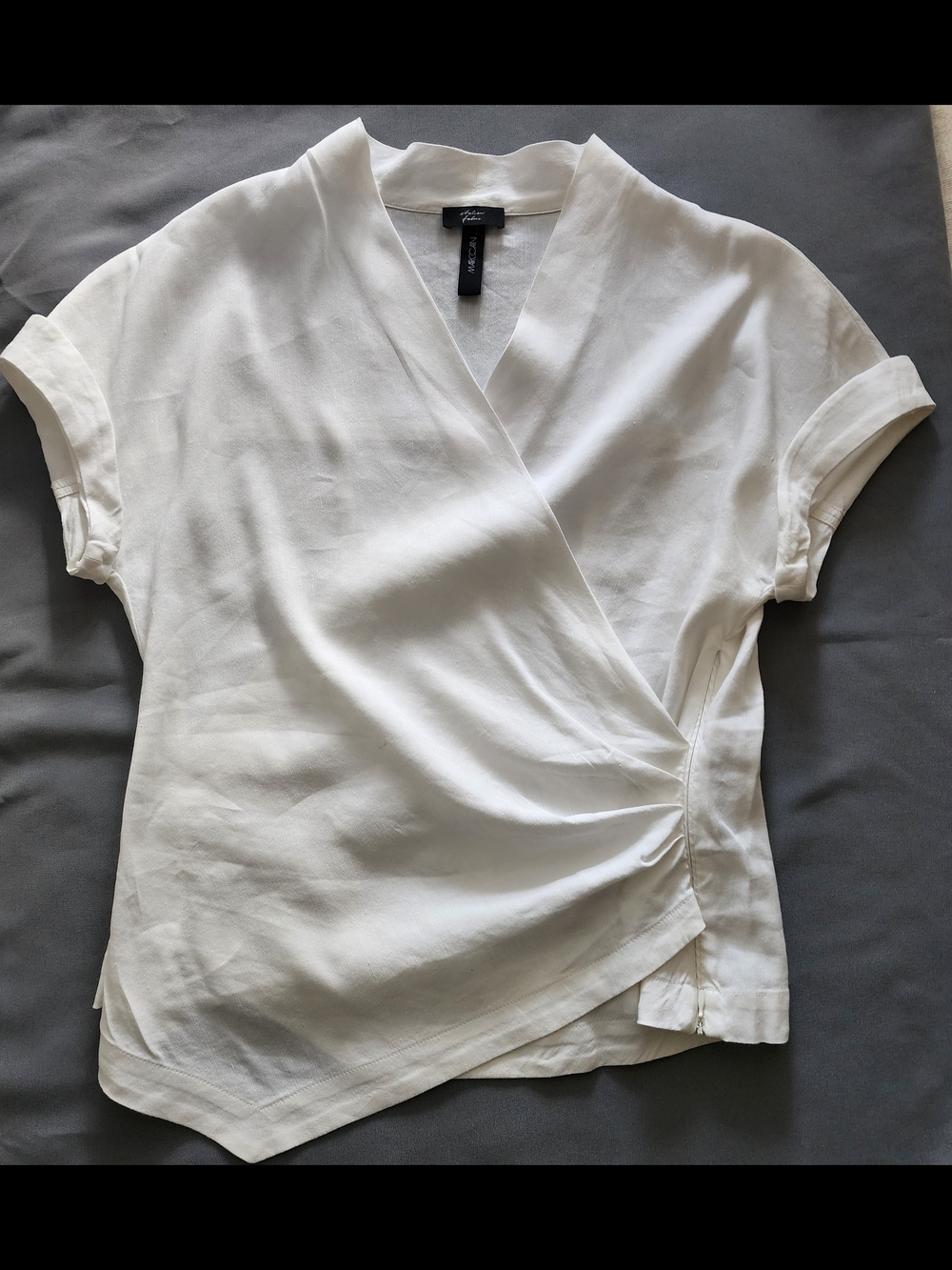 Marc Cain White Linen Blend Wrap Blouse Short Sleeve Top Size N4 US 10